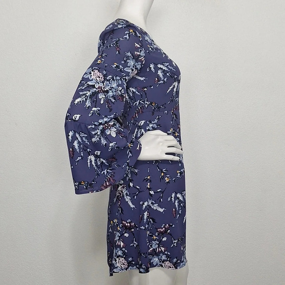 Loft Blue Floral Bohemian Hippie Bell Sleeves 70's Style Boho Mini Dress Size 0P - Picture 4 of 10